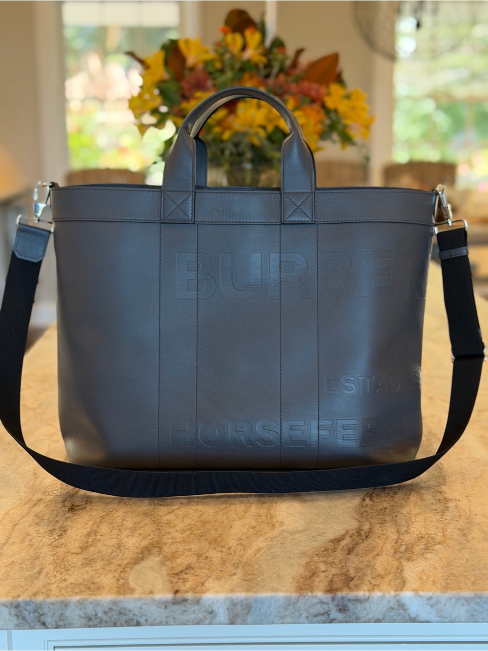 Burberry Black Leather Messenger Tote with Embossed Logo